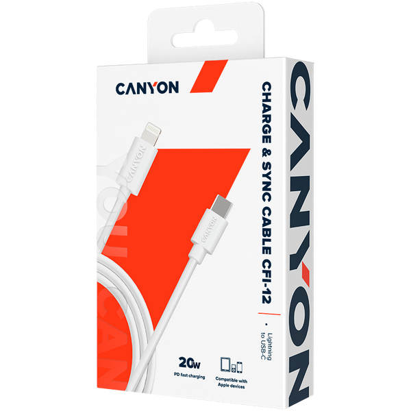 Кабель USB-C &ndash; Lightning CANYON CFI-12 PD20W Білий (CNE-CFI12W), Білий