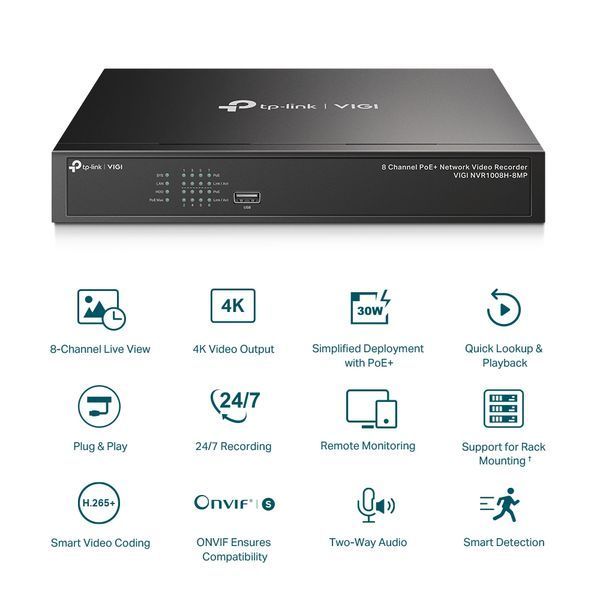8-канальный PoE видеорегистратор TP-Link VIGI NVR1008H-8MP 8 PoE+ 113 Вт 4K HDMI 1&times;SATA (VIGI NVR1008H-8MP)