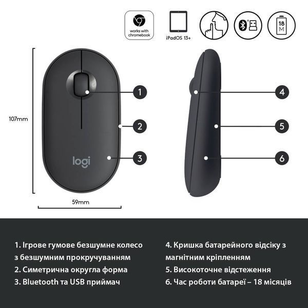 Мишка Logitech M350 Pebble Bluetooth Mouse Graphite (L910-005718)