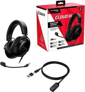 Гарнитура игровая HyperX Cloud III, mini-jack/USB-A/USB-C, 1.2 м/1.3 м, чёрный (727A8AA)