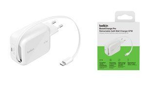 Зарядное устройство сетевое Belkin UltraCharge 67 Вт USB-C GaN со встроенным выдвижным кабелем USB-C, белый (WCH022KQWH)