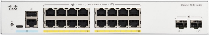 Коммутатор Cisco Catalyst 1300 16xGE, PoE, 2x1G SFP (C1300-16P-2G)