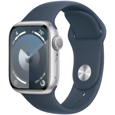 Смарт-годинник Apple Watch Series 9 GPS 41mm Silver Aluminium Case with Storm Blue Sport Band - M/L (MR913QP/A) - Suricom