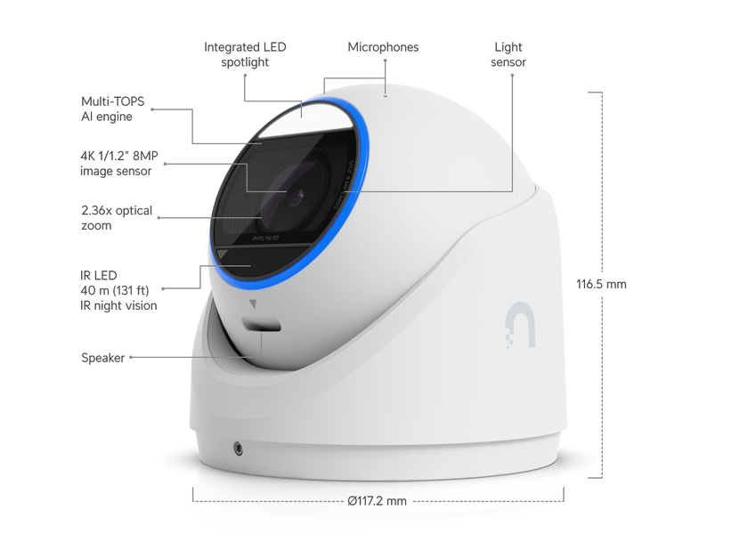 IP-камера Ubiquiti UniFi G6 Pro Turret 4K 8 Мп 1/1.2" 2.36x оптический зум, PoE+, IP66 (UVC-G6-PRO-TURRET-W)