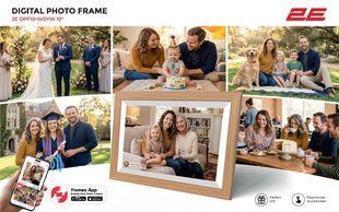 Цифрова фоторамка 2E DPF10-WDYW 10", IPS, FHD, 1GB, 32GB, динаміки 2x1Вт, ПО Frameo, сенсорний екран, WiFi, дерев&rsquo;яна рамка, жовта