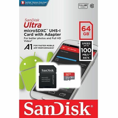 Карта пам'яті SanDisk Ultra microSDXC 64 ГБ + SD адаптер, 100 МБ/с, Class 10, UHS-I (SDSQUNR-064G-GN3MA)
