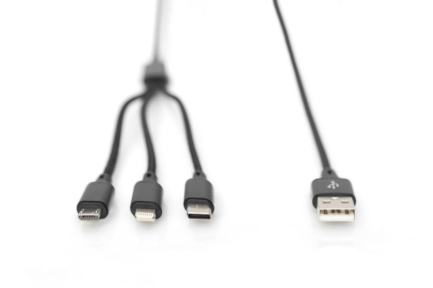 Кабель зарядный 3-в-1 DIGITUS USB-A &mdash; Lightning / USB-C / micro USB 1 м, нейлоновая оплётка, чёрный (AK-300160-010-S)