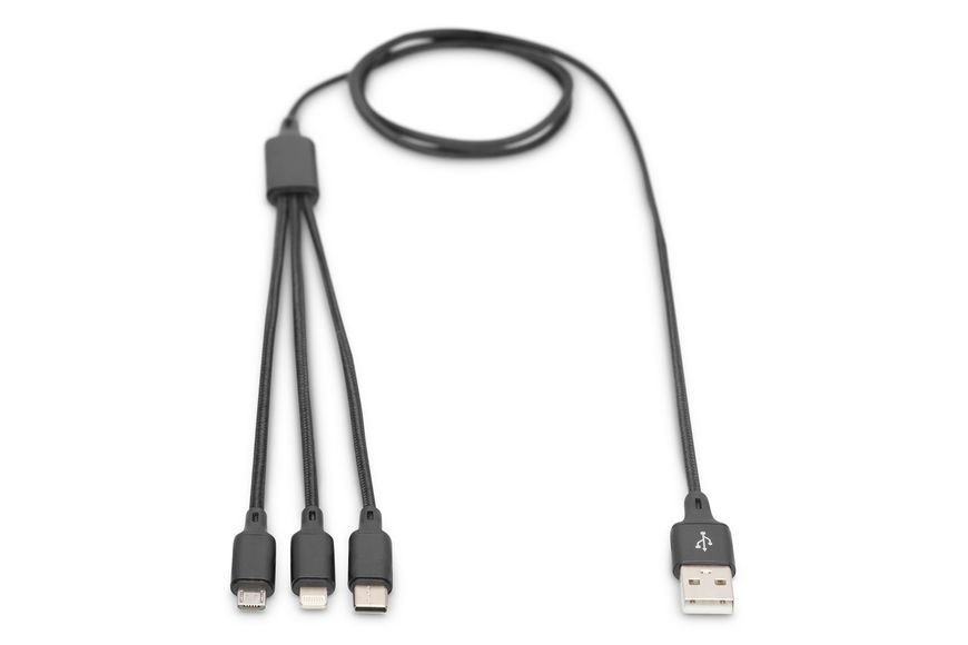 Кабель зарядный 3-в-1 DIGITUS USB-A &mdash; Lightning / USB-C / micro USB 1 м, нейлоновая оплётка, чёрный (AK-300160-010-S)