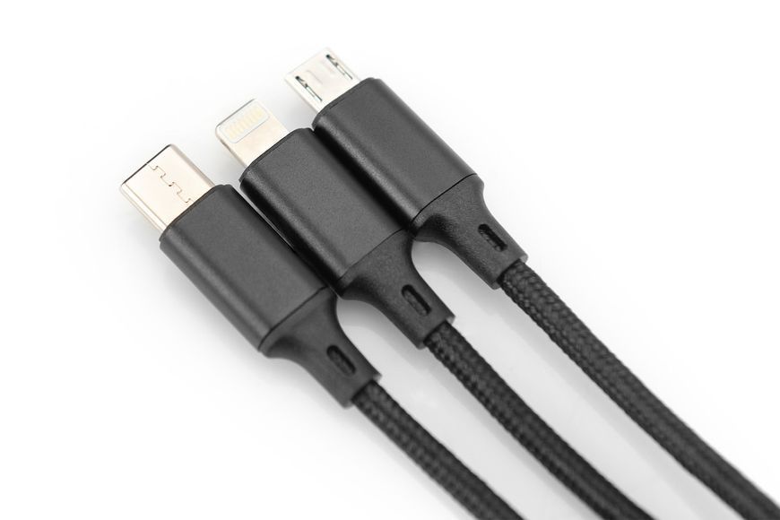 Кабель зарядный 3-в-1 DIGITUS USB-A &mdash; Lightning / USB-C / micro USB 1 м, нейлоновая оплётка, чёрный (AK-300160-010-S)