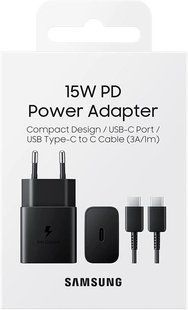 Зарядний пристрій мережевий Samsung 15 Вт USB-C з кабелем USB-C > USB-C 1 м, чорний (EP-T1510XBEGEU)