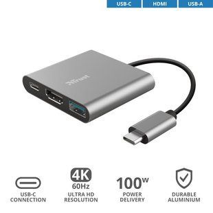 Хаб Trust Dalyx 3-in-1 USB-C > USB-A 3.2 Gen 1/USB-C PD/HDMI 4K 30 Гц, алюминий, 0,1 м (23772_TRUST)