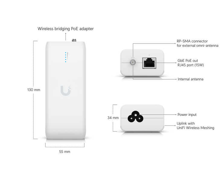Бездротовий міст-адаптер Ubiquiti UniFi Device Bridge WiFi 5 5 ГГц 2&times;2 866,7 Мбіт/с PoE Auto-Link (UDB-EU)