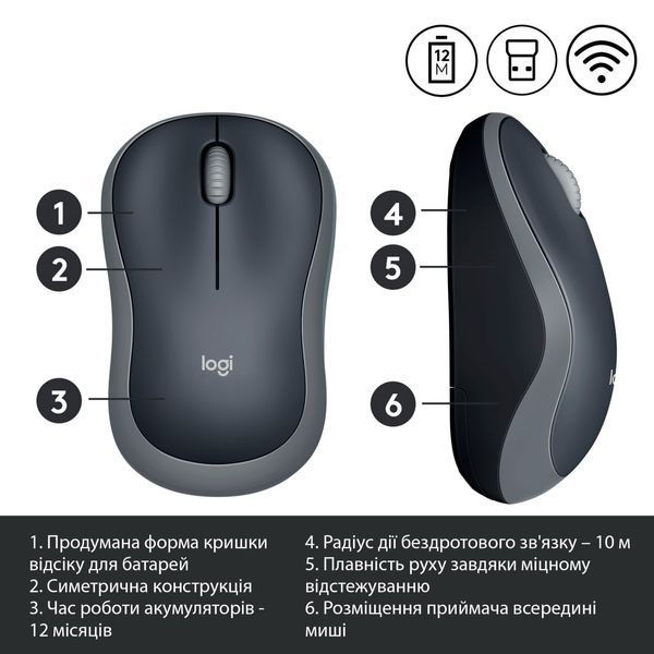 Мышка Logitech M185 Wireless Mouse Swift Grey (L910-002235)
