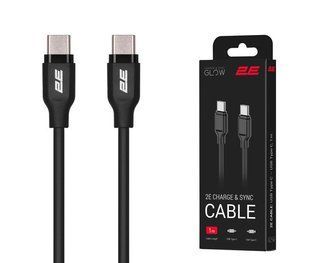 Кабель 2E USB-C > USB-C Glow для зарядки и синхронизации 60 Вт, 2 м, черный (2E-CCCC2-BL)