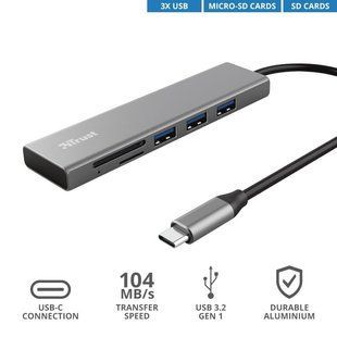 Хаб Trust Halyx USB-C > 3&times;USB-A 3.2 + SD/microSD, алюминиевый, 15 см (24191_TRUST)