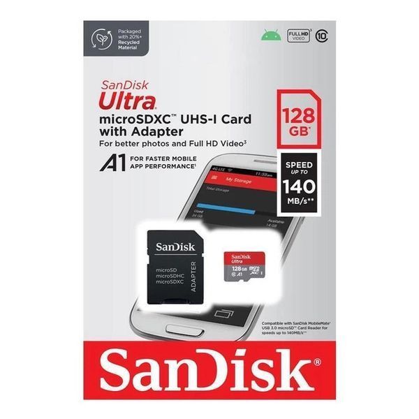 Карта пам'яті SanDisk Ultra microSDXC 128 ГБ + SD адаптер, 140 МБ/с, A1, Class 10, UHS-I (SDSQUAB-128G-GN6MA)