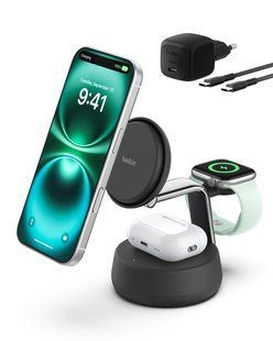 Зарядное устройство беспроводное Belkin UltraCharge Pro 3-в-1 Magnetic Charging Dock Qi2 25 Вт, Charcoal (WIZ040KQCH)