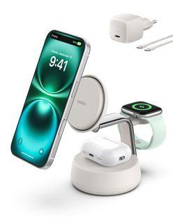 Зарядное устройство беспроводное Belkin UltraCharge Pro 3-в-1 Magnetic Charging Dock Qi2 25 Вт, Sand (WIZ040KQSD)