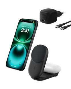 Зарядное устройство беспроводное Belkin UltraCharge 2-в-1 Foldable Magnetic Charging Qi2 25 Вт, чёрный (WIZ039KQBK)